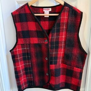 VINTAGE 90s Energie recycled wool grandpa VEST M Buffalo Plaid Red Black Holiday